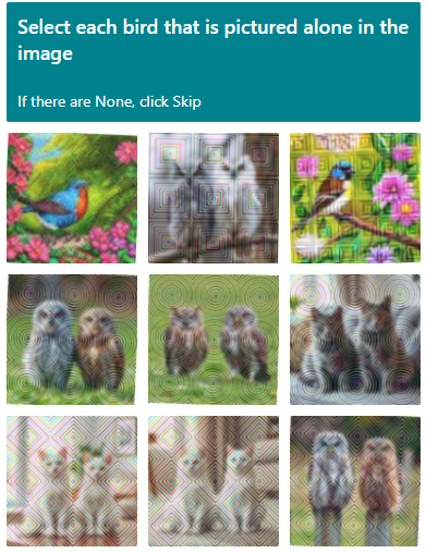 Captcha: "Select each bird that is pictured alone in the image"