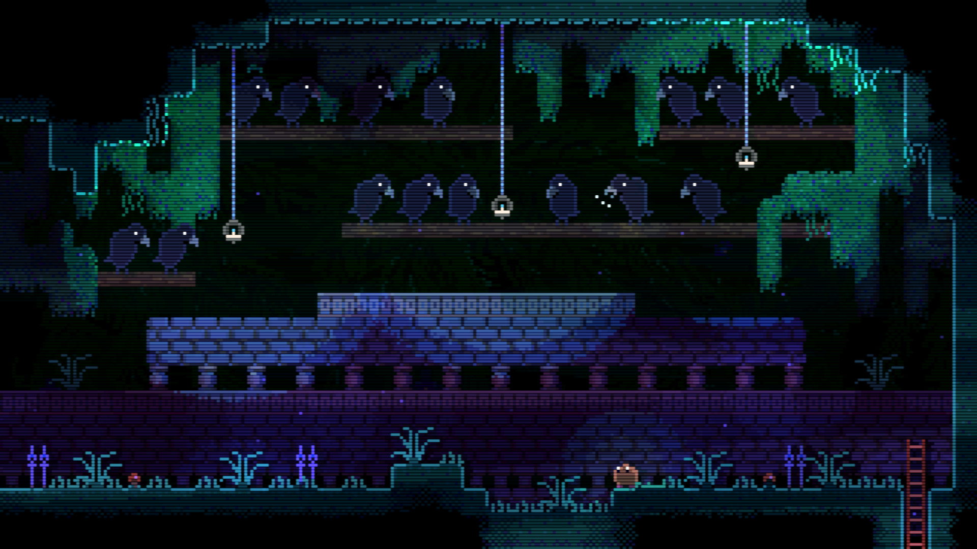 Screenshot of Animal Well: A small blob-like creature in a pixel art environment under a lot of crows.