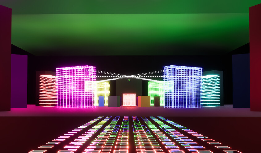 Screenshot of Chroma Zero: an abstract scene looking across a bridge made out of colored squares towards a set of colored obelisks.