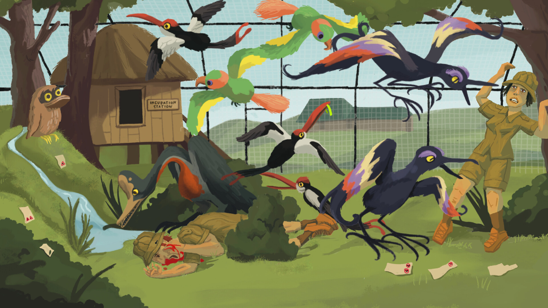 Screeenshot of Rise of the Golden Idol: A scene in an aviary with a variety of angry-looking colorful birds and two people, one of whom is lying on the ground in pain.