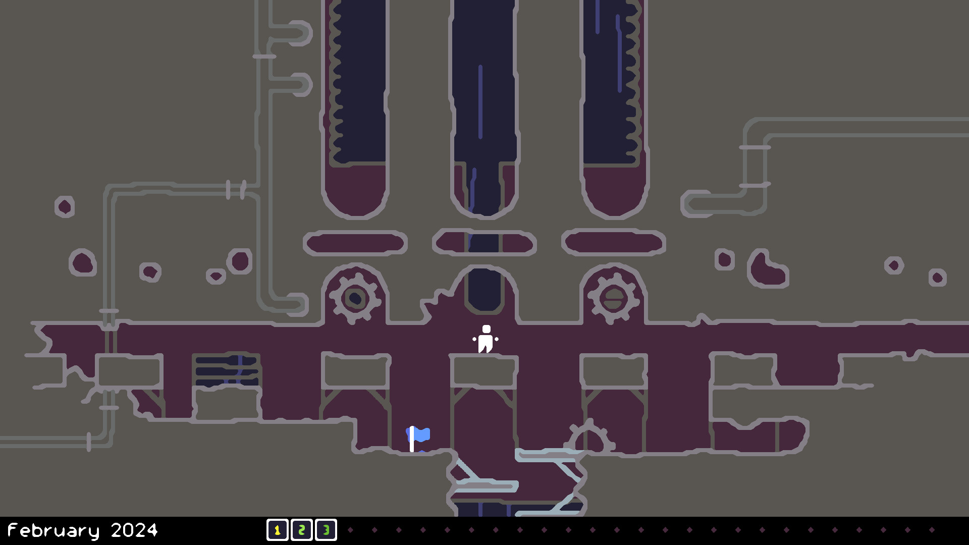 Leap Year screenshot: A platformer scene with gears suggesting some sort of industrial area? The main UI elements present are a checkpoint flag and a row at the bottom that says "February 2024" with the numbers 1, 2, and 3 collected.