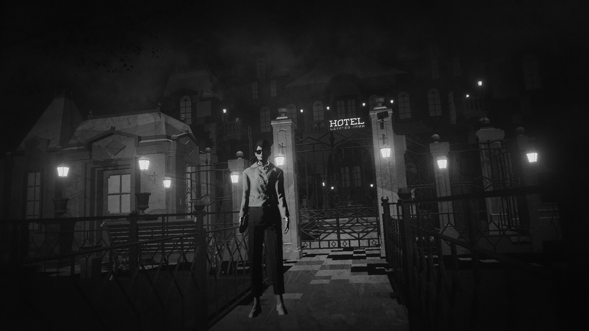 Lorelei and the Laser Eyes screenshot: A black-and-white image of a woman in sunglasses standing in front of a hotel.