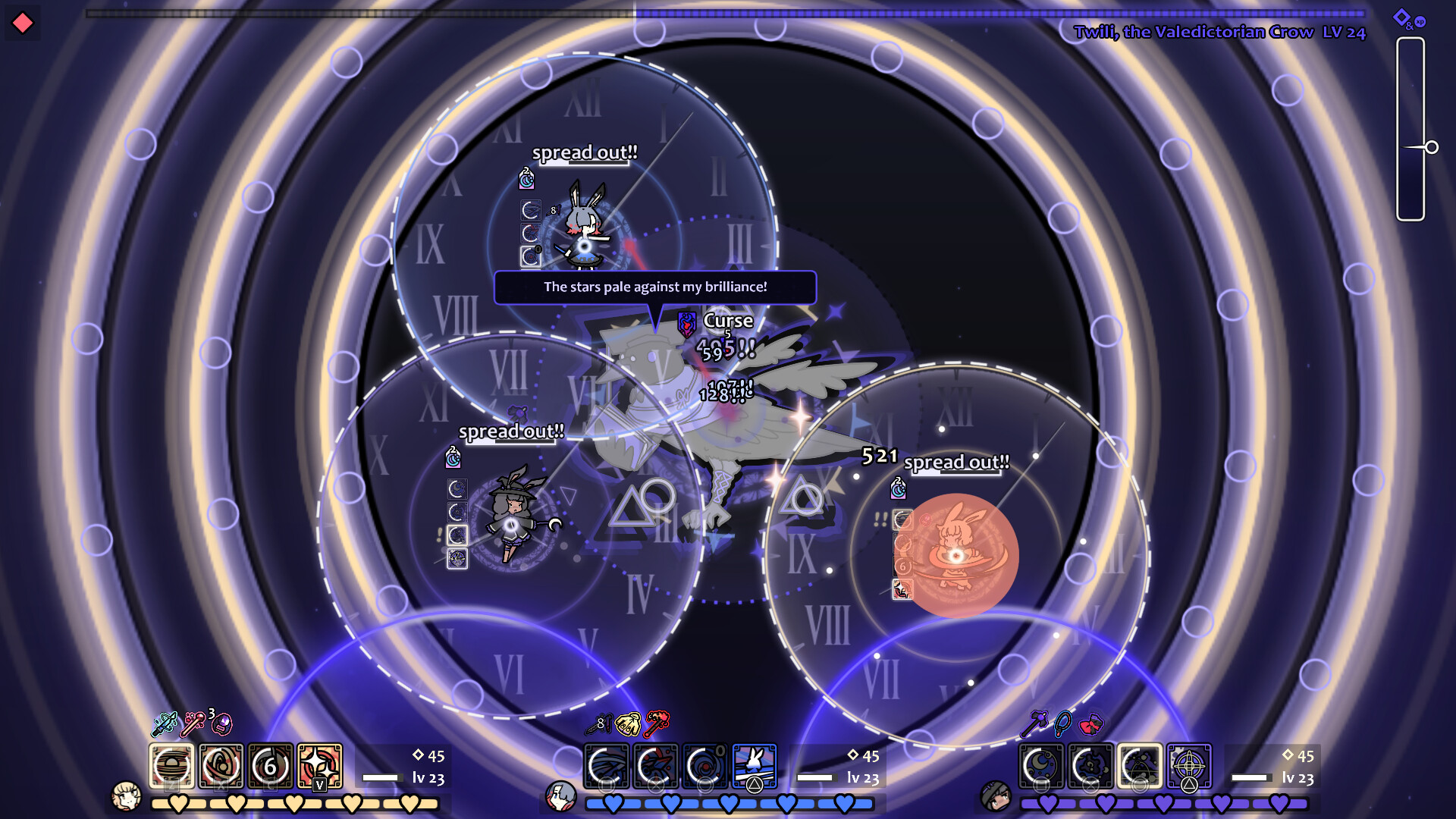 Screenshot of Rabbit and Steel: Three rabbits with various gear in a boss fight against Twili, the Valedictorian Crow- a crow wearing students' robes and saying "The stars pale against my brilliance!" Above all three rabbits is a message saying "Spread out!", a progress bar, and a large circle with a clock in it, indicating some sort of time-based effect is about to happen.