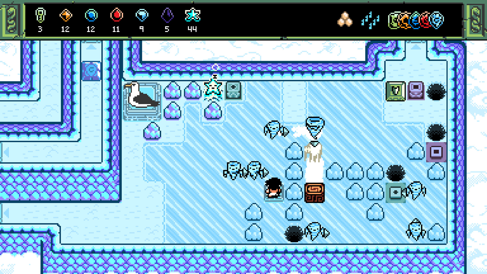 Screenshot of Isles of Sea and Sky: A grid-based puzzle in an icy environment. The main gameplay window has puzzle elements like sliding ice, tornados, and a gull-like bird.