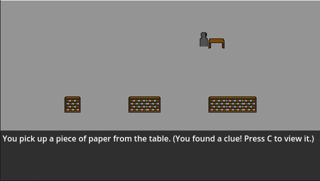 Animation: A library with three bookshelves, consisting of 1, 2, and 3 tiles. A robed figure picks up a note saying "23 is number 1!" and interacts with shelves 2, 3, and 1, getting a message from the last shelf that "One of the books on this shelf is the one you're looking for!"