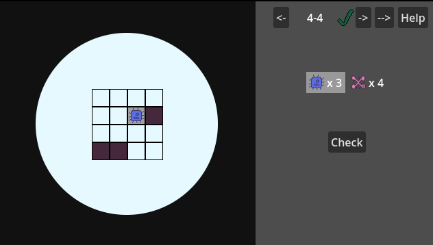 Screenshot of Meticulous Microbes, with a grid on the left and an inventory of "microbes" to place in it on the right. A pink X-shaped microbe is present that isn't in the released game.