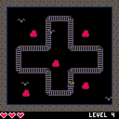 Screenshot of Bow Bird's Mine Ride: A low-res pixel art scene featuring a looping track with a bird in a minecart on it. A few bats and red crystals are scattered around the room. A HUD at the bottom shows three red hearts and "Level 4"