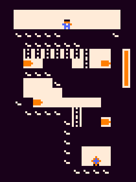Screenshot of Energy Excavation- in a blocky pixel art aesthetic, a character stands on top of a cave system with ladders, batteries, and some sort of gem at the bottom.