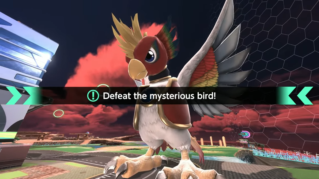 Kirby Air Riders screenshot- Dyna Blade, a large red and white bird, stands in the city with its wings spread. A caption reads "Defeat the mysterious bird!"