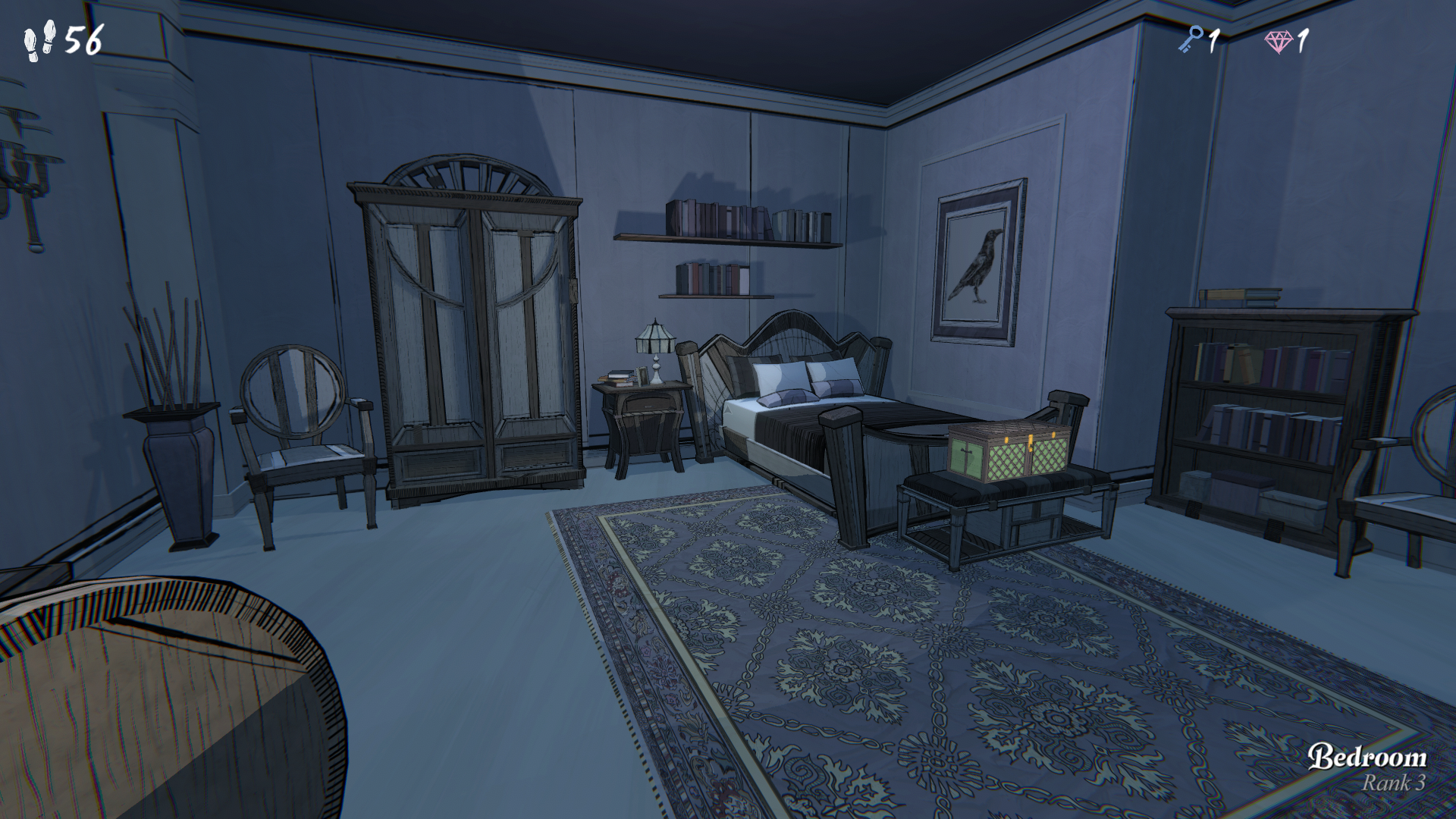 Screenshot of the Bedroom from Blue Prince, including various furniture, a carpet, read a trunk, and a picture of a crow on the wall.