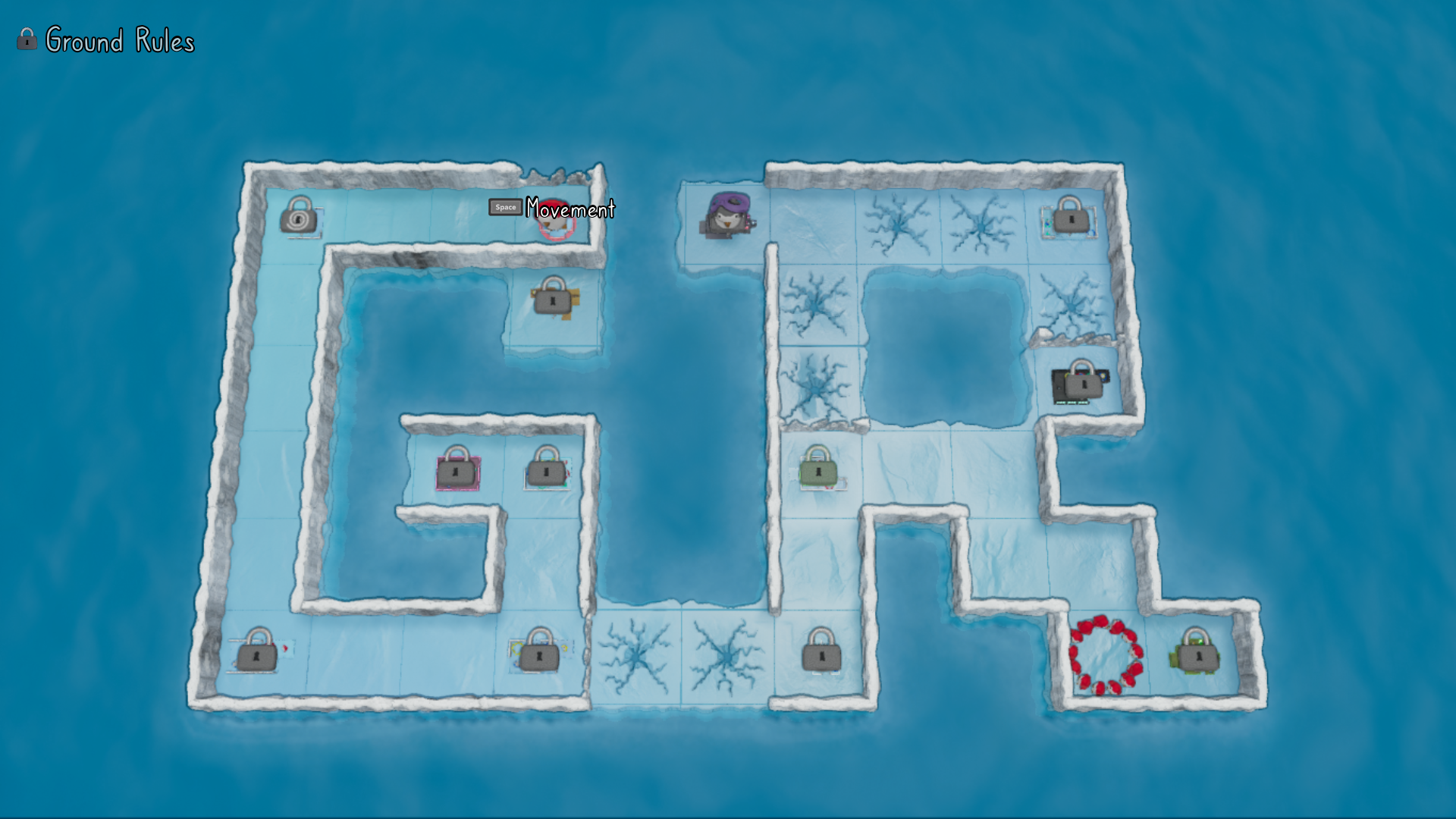 Gentoo Rescue screenshot: A grid-based puzzle in the shape of a GR with some penguins on it. Locks represent entrances to other levels.