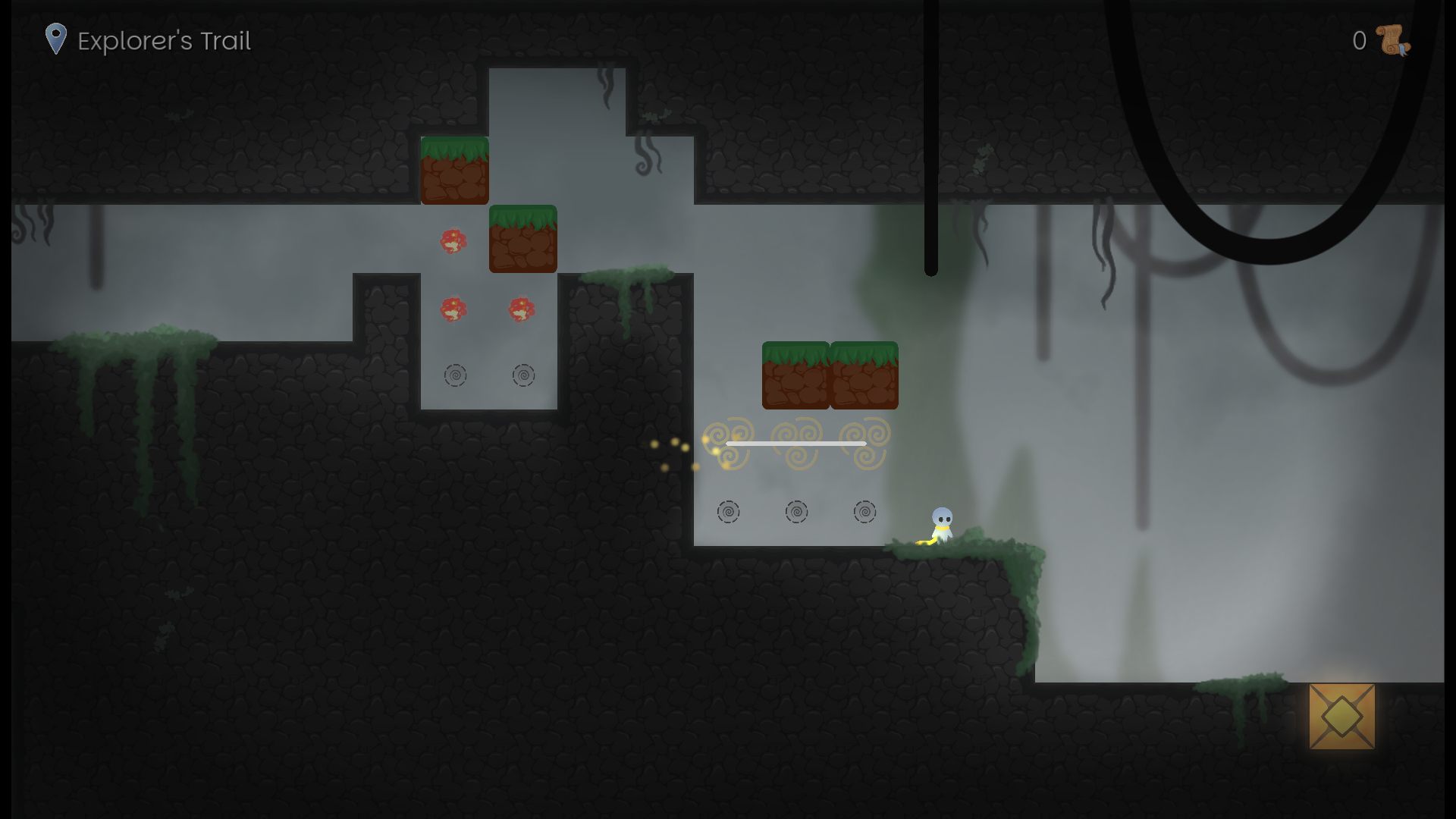 Glowkeeper screenshot: A puzzle-platformer scene with a character wearing a scarf and several types of obstacles. A line is drawn over a set of three matching symbols.
