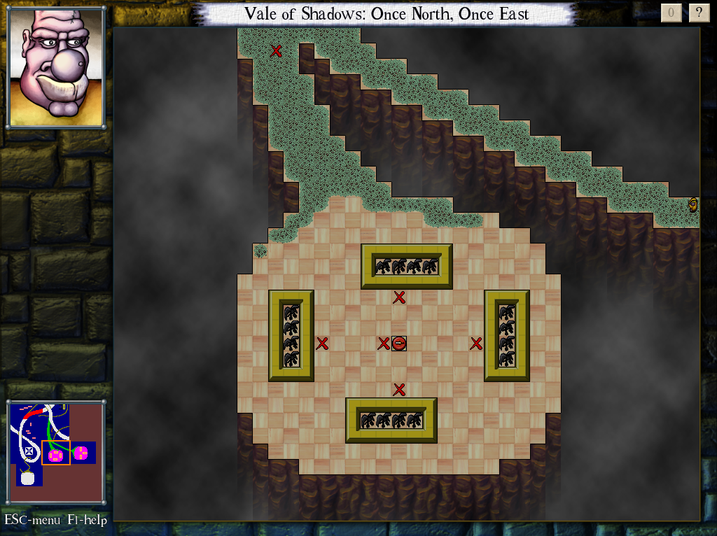 DROD screenshot, titled "Vale of Shadows: Once North, Once East." The main feature is a platform with several groups of winged creatures (Wraithwings) trapped by walls surrounding a pressure plate.