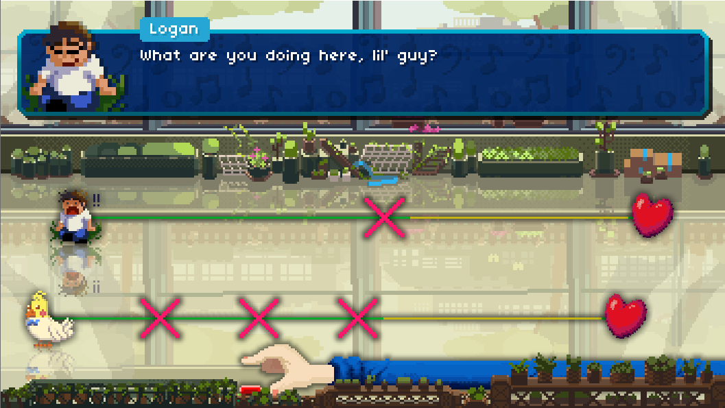 Rhythm Doctor screenshot: A hospital scene with a boy and a cockatiel connected by lines to a heart, and a long arm with a finger on a button. A dialog box says "Logan: What are you doing here, lil' guy?"