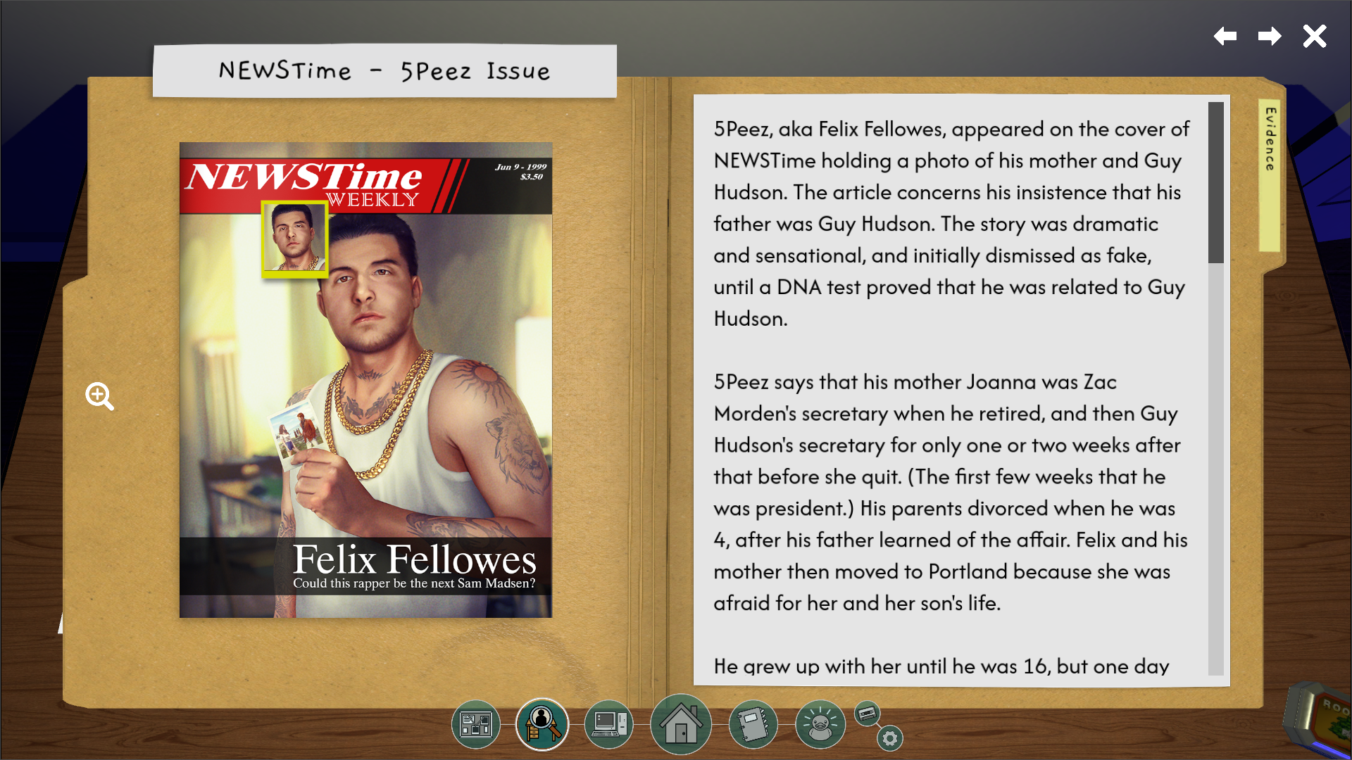 Roottreemania screenshot: A manilla folder open to "NEWSTime - 5Peez Issue", showing a magazine cover with "Felix Fellowes - Could this rapper be the next Sam Madsen?" on the left and an article on the right.