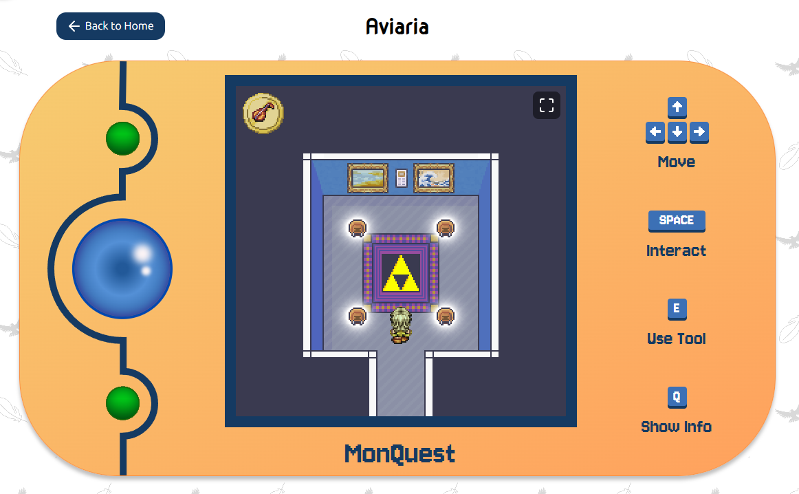 Screenshot of the Hunt website: a fake device/game console labeled "MonQuest" with "Aviaria" above it. On the screen, a character stands in a small room with a Triforce on the floor and four glowing objects.