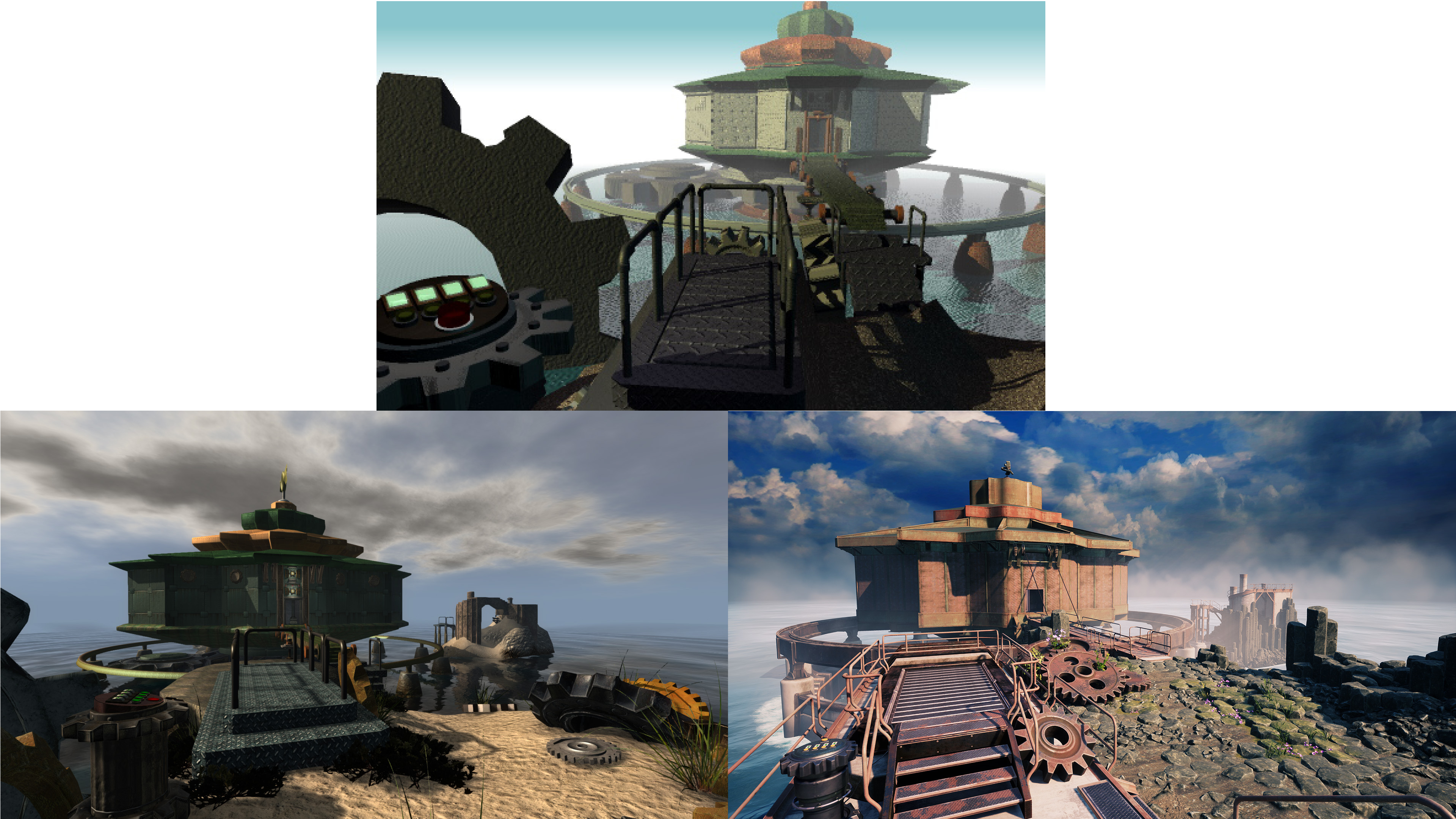 Three screenshots of different versions of Myst showing the same scene: an island with a control panel next to a trapdoor, with a catwalk leading to a fortress in the background.