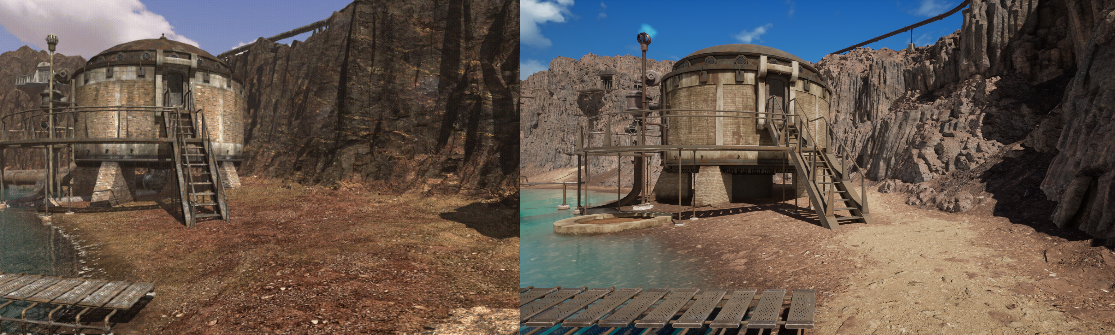 Two screenshots of Riven, featuring a similar shot of a round building surrounded by cliffs with a lake on the left.